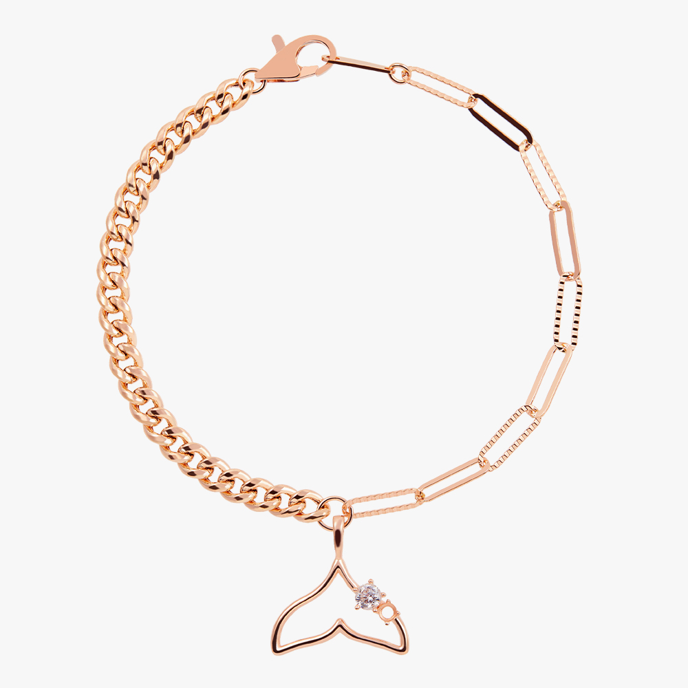 14K 할로우 커브 앤 클립 고래 꼬리 체인 금 팔찌