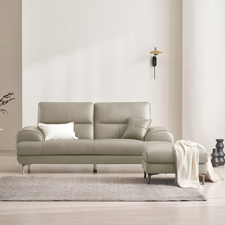 삼익가구 베이번 천연 통가죽 소파 스툴포함, 라이트그레이, 3인용