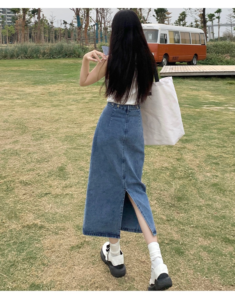 하이웨스트 뒷트임 빈티지 데님 롱 스커트 레트르 블루 XS - 상세 이미지 2
