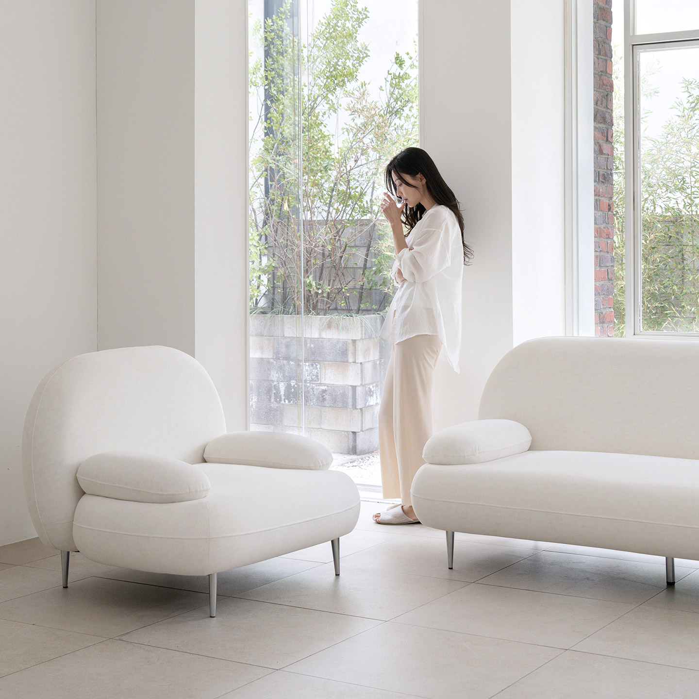 데일리리빙 까유 갤럭시 패브릭 소파 스툴미포함, 아이보리, 2인용