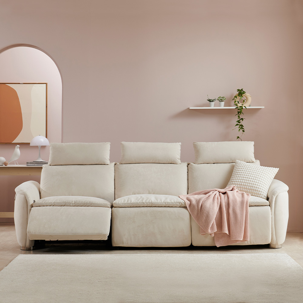 스코나 모렌 구스 세투스 아쿠아텍스 패브릭 전동 리클라이너 소파 스툴미포함, 크림베이지, 4인용