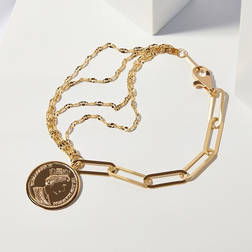 14K 큐브 레이어드 엘리자베스 코인 클립 체인 금 팔찌