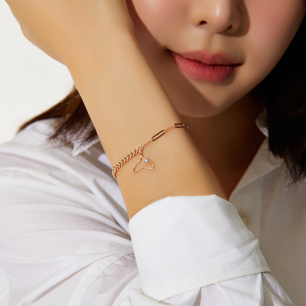 14K 할로우 커브 앤 클립 고래 꼬리 체인 금 팔찌 이미지 7