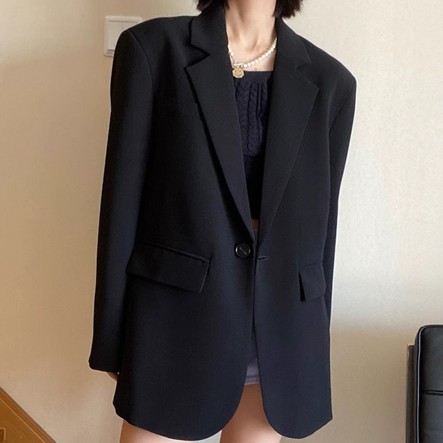 오버핏 블랙 테일러드 자켓 여자 정장 아우터 심플룩 - 상품 이미지