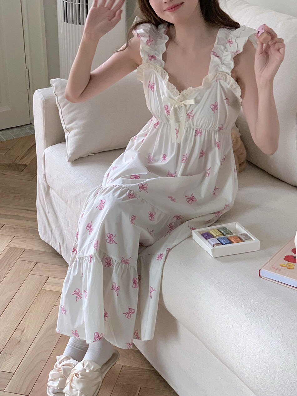 리본 여름 민소매 나시 원피스잠옷 여행 임산부 자주 잠옷 홈웨어 파자마파티 - 상세 이미지 4