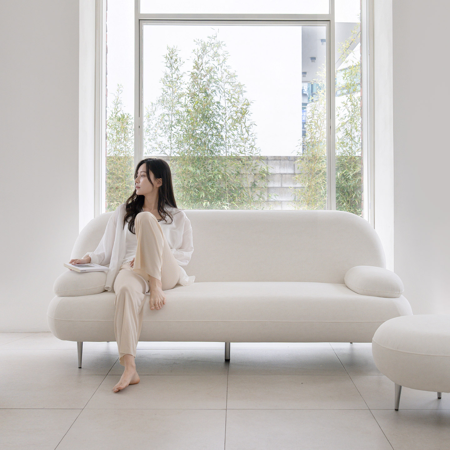 데일리리빙 까유 갤럭시 패브릭 소파 스툴미포함, 아이보리, 3인용