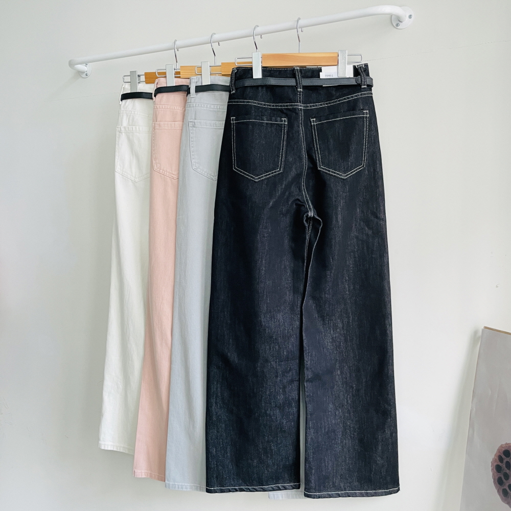 여성와이드팬츠 통바지 핑크바지 면바지 벨트세트 - 상세 이미지 2