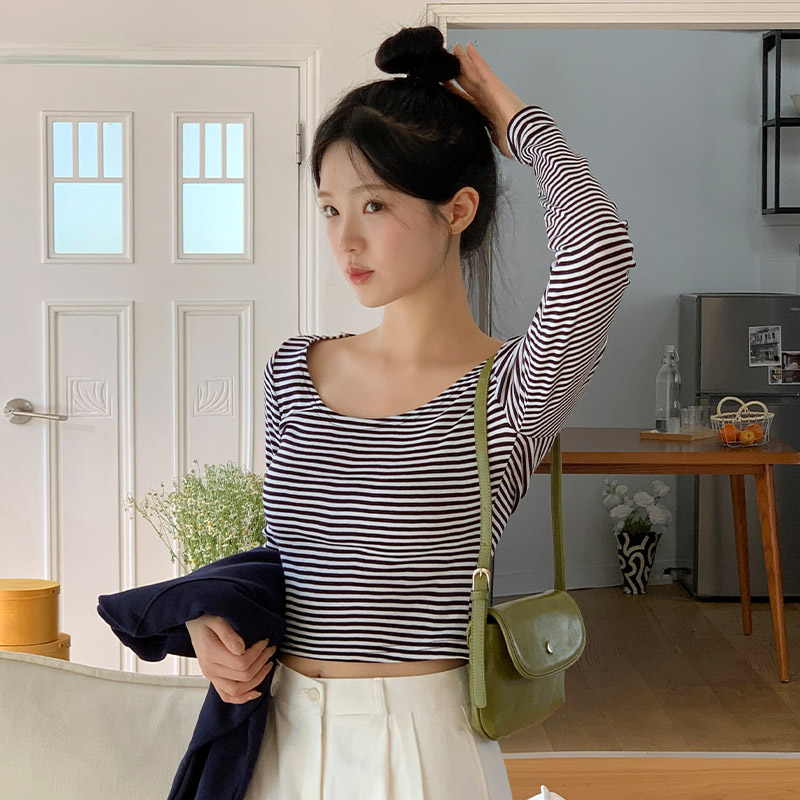 [트렌드데이] 유넥 스트라이프 슬림 크롭 긴팔 티셔츠 ts4381 - 상세 이미지 3