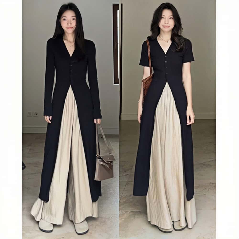 레이어드 니트투피스 여성 니트가디건 슬림핏 밴딩 와이드팬츠 세트