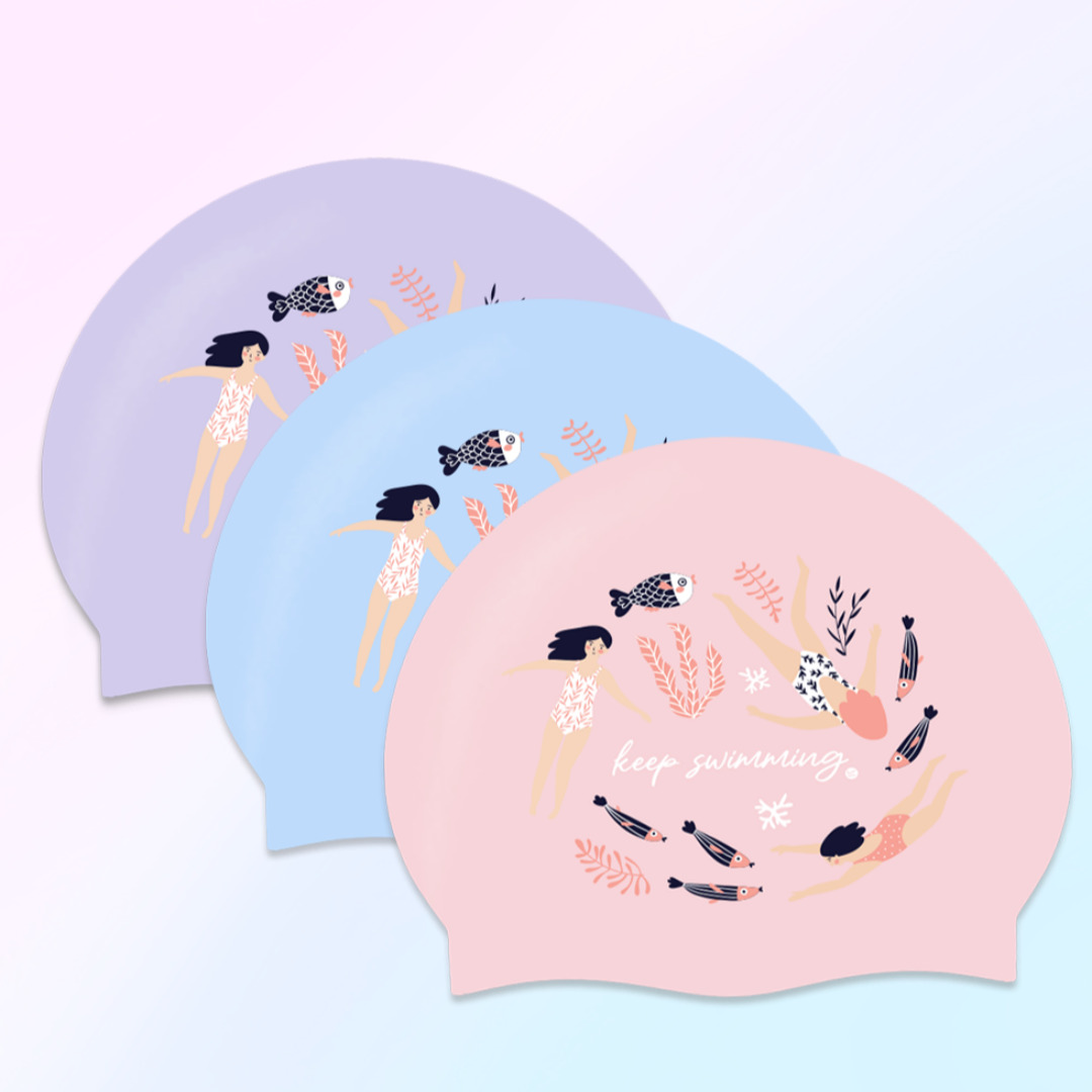 스위밍걸즈 수모 수영모자 실리콘수모 핑크 블루 라벤더 일러스트 러블리 여자수모 제품 이미지