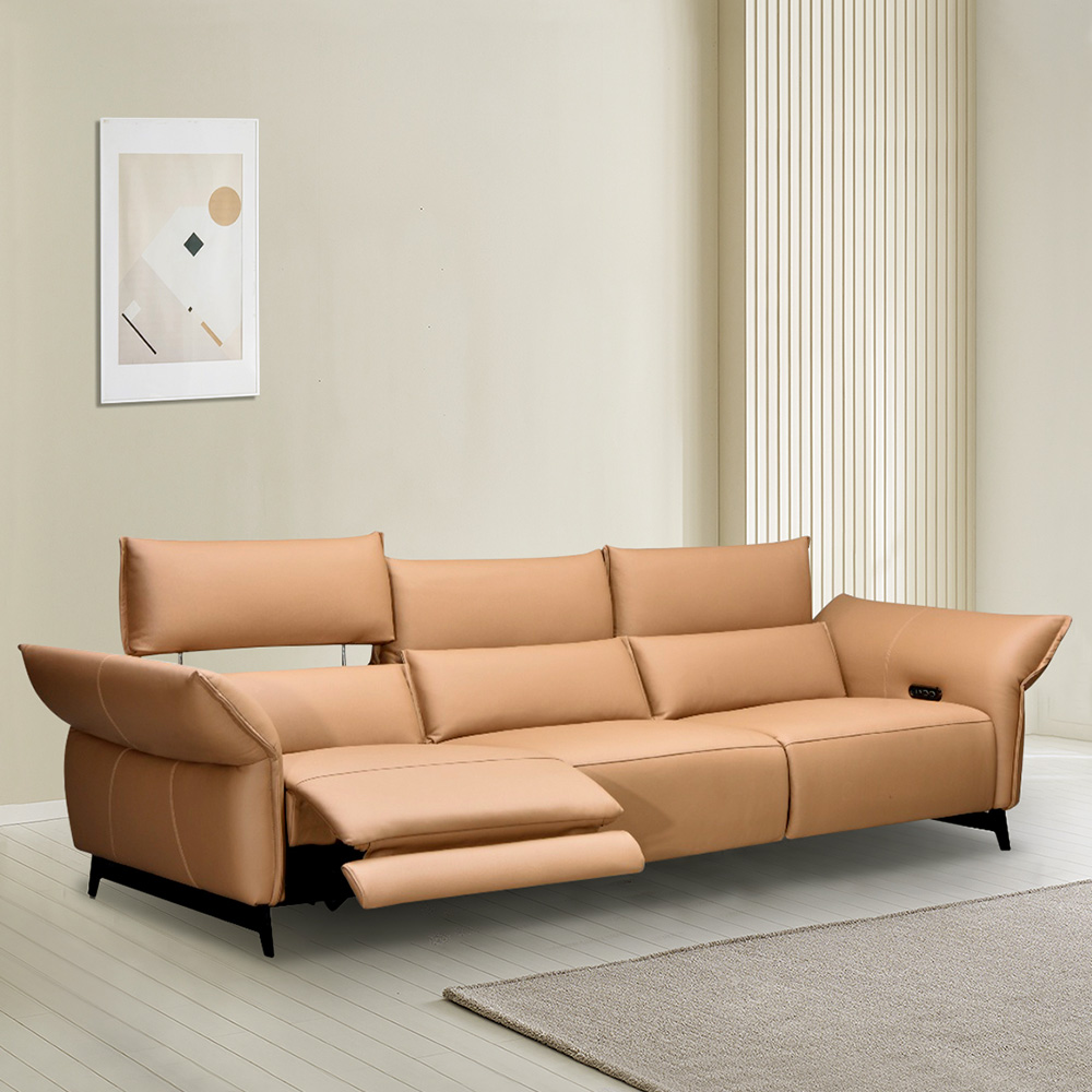 스코나 파네츠 올 천연 면피 가죽 전동 헤드 리클라이너 소파 스툴미포함, 라이트브라운, 4인용