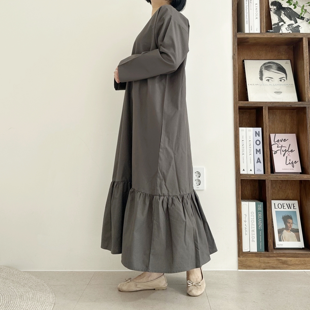 빅사이즈 자체제작 H라인 밑단 프릴 맥시 롱 원피스 긴팔 박시핏 하객 임산부 오피스 정장