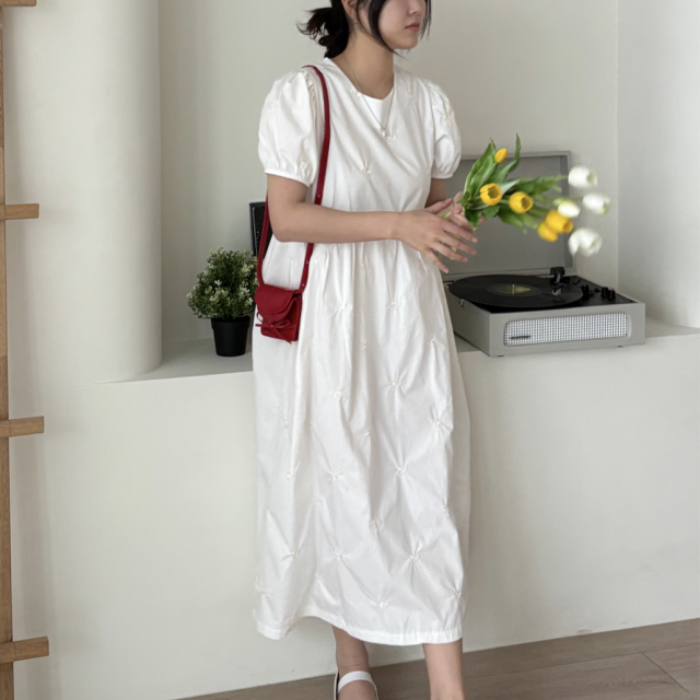 여름 휴양지 반팔 롱 빅사이즈 임산부원피스 자수원피스 - 상세 이미지 5