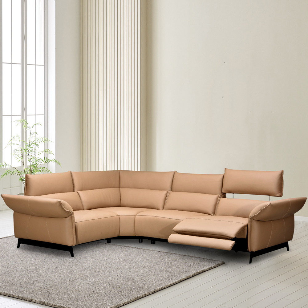 스코나 파네츠 올 천연 면피 가죽 전동 헤드 리클라이너 소파 스툴미포함, 라이트브라운, 코너 5인용