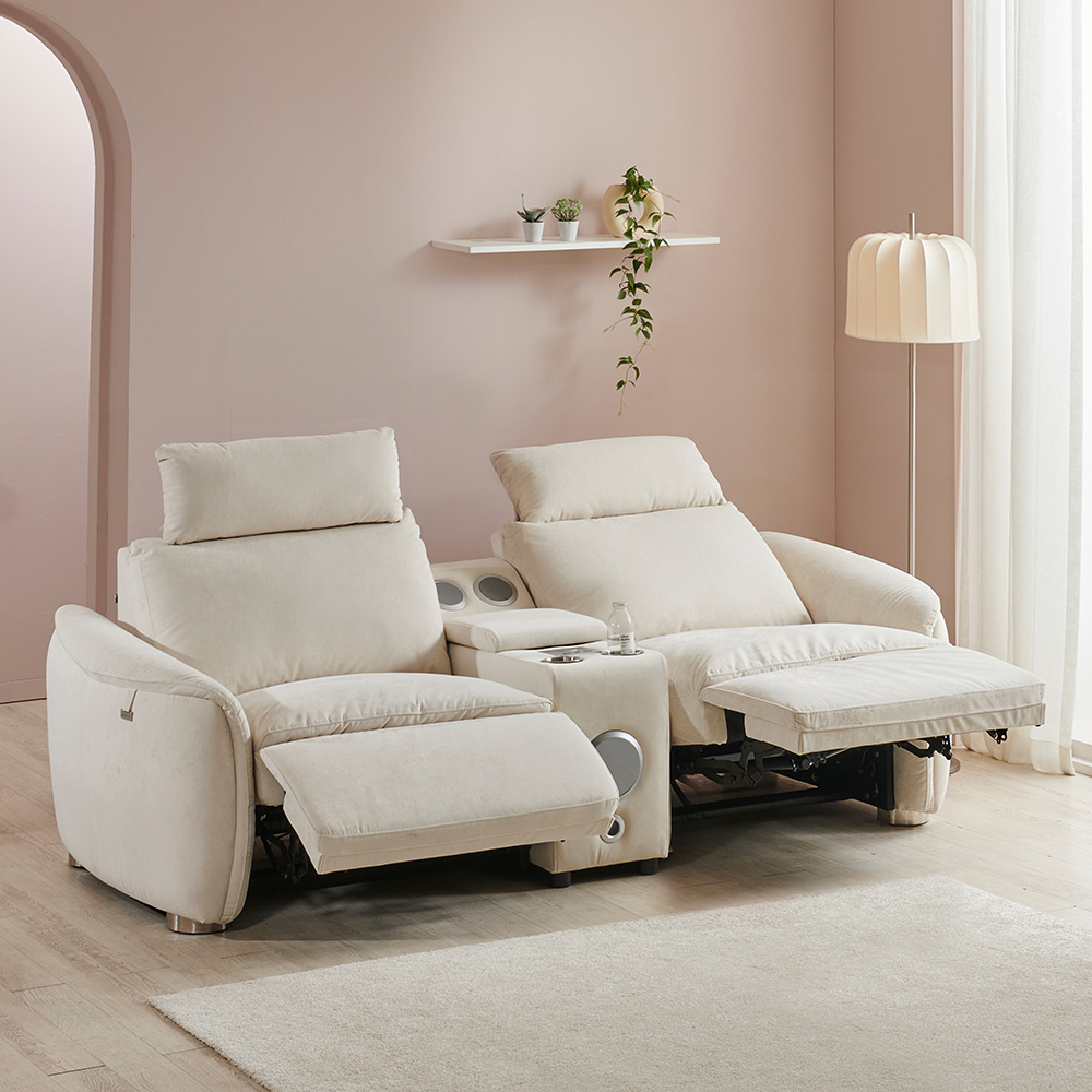 스코나 모렌 구스 세투스 아쿠아텍스 패브릭 전동 리클라이너 소파 스툴미포함, 크림베이지, 컵홀더 3인용