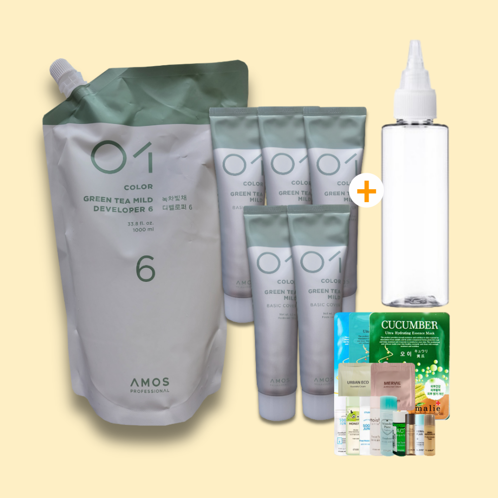 아모스 녹차빛채 베이직 커버 염색약 1.0 흑색 5개 + 디벨로퍼 (산화제 탈색제)+80ml용기+랜덤 1 - 상품 이미지