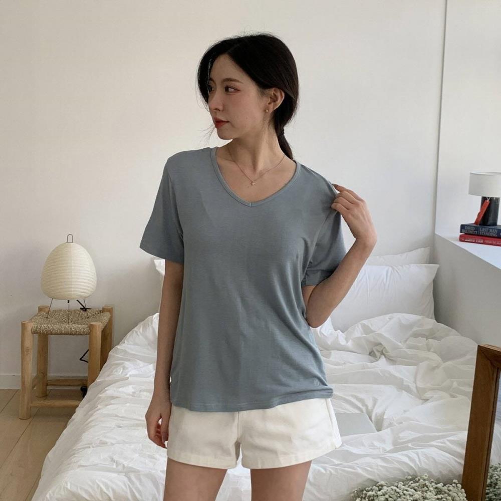 옷자락 여성 무지컬러 브이넥 찰랑핏 레이온 스판 반팔티 - 상품 이미지