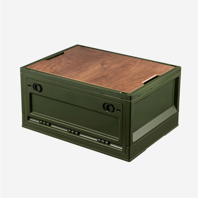 KOOLMAN 쿨맨 캠핑 박스 접이식 오픈 폴딩 정리함 우드상판 포함 50L, 올리브그린