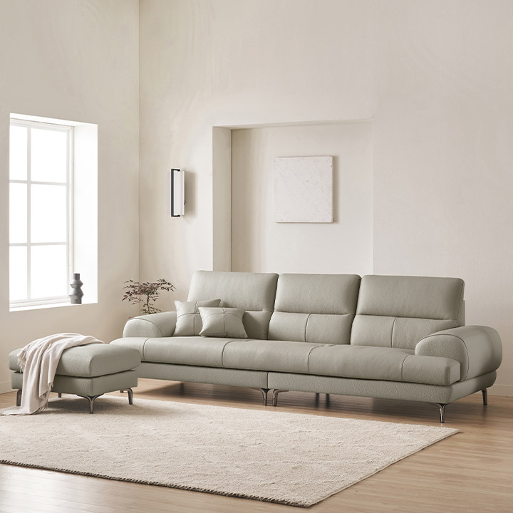 삼익가구 베이번 천연 통가죽 소파 스툴포함, 라이트그레이, 4인용