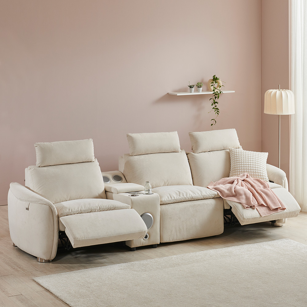 스코나 모렌 구스 세투스 아쿠아텍스 패브릭 전동 리클라이너 소파 스툴미포함, 크림베이지, 컵홀더 4인용