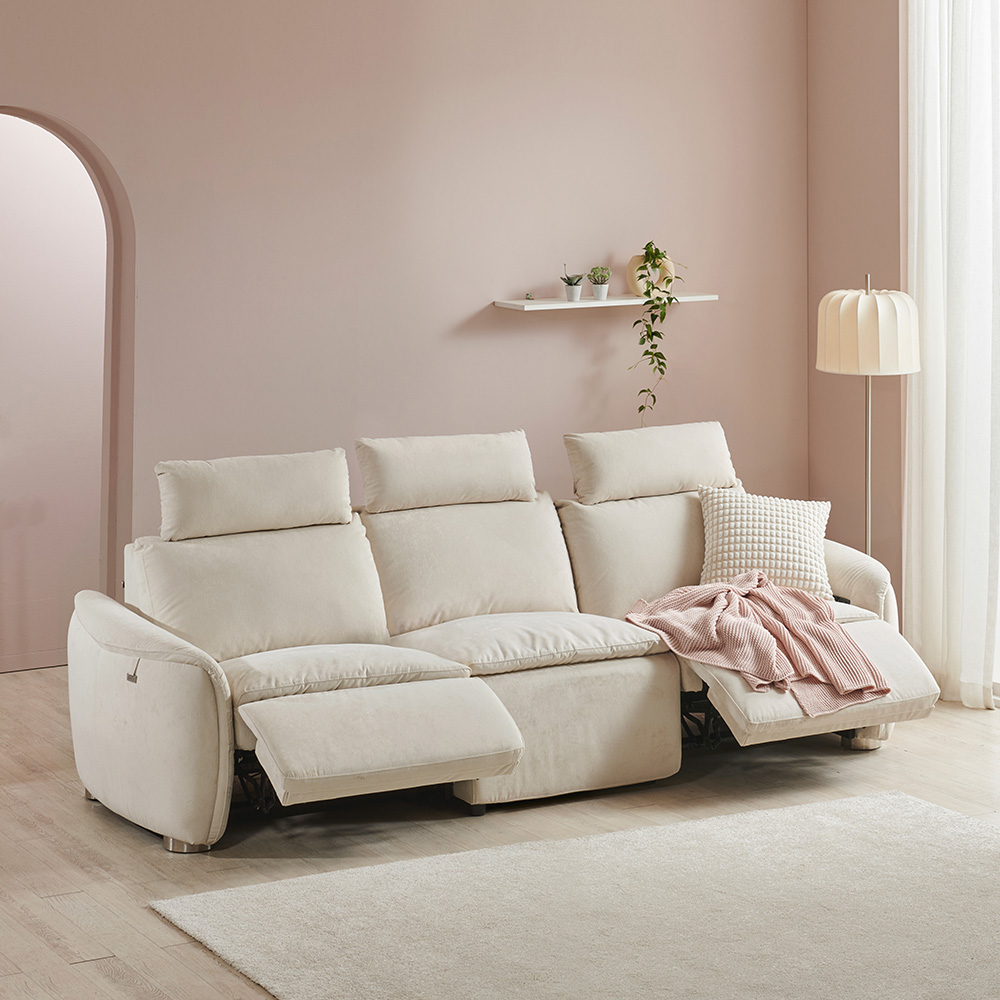 스코나 모렌 구스 세투스 아쿠아텍스 패브릭 전동 리클라이너 소파 스툴미포함, 크림베이지, 4인용