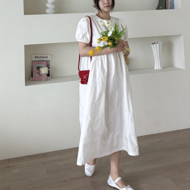 여름 휴양지 반팔 롱 빅사이즈 임산부원피스 자수원피스 - 상세 이미지 3