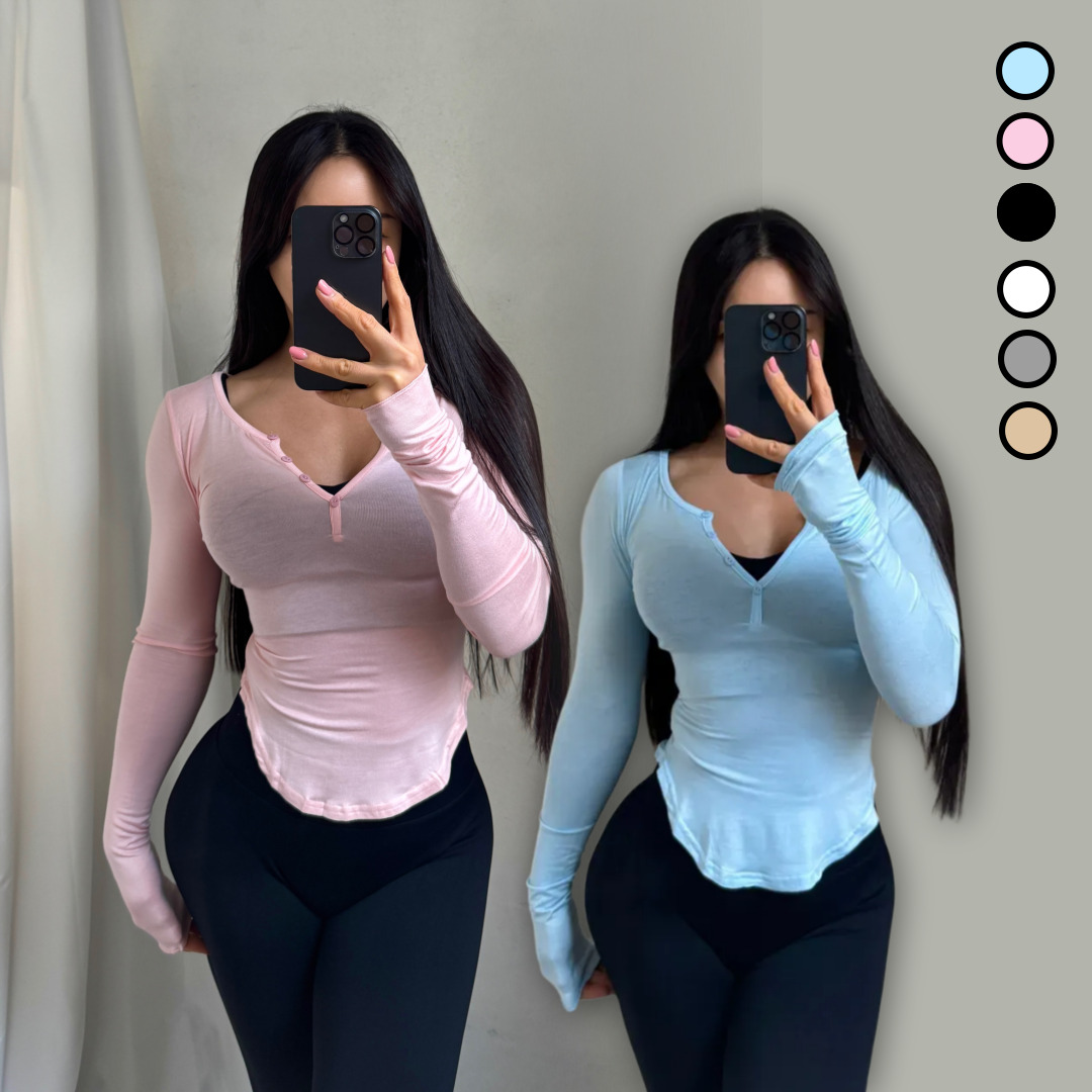 여자 긴팔 브이넥 크롭티 여리핏 슬림 몸매보정 티셔츠 6color - 상품 이미지