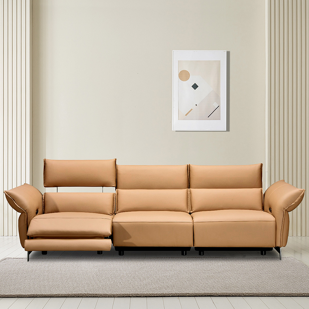 스코나 파네츠 올 천연 면피 가죽 전동 헤드 리클라이너 소파 스툴미포함, 라이트브라운, 4인용