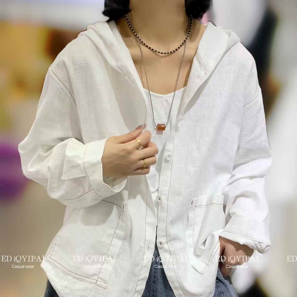 스티치 린넨자켓 봄 가을 후드자켓 루즈핏 미시옷 - 상세 이미지 3