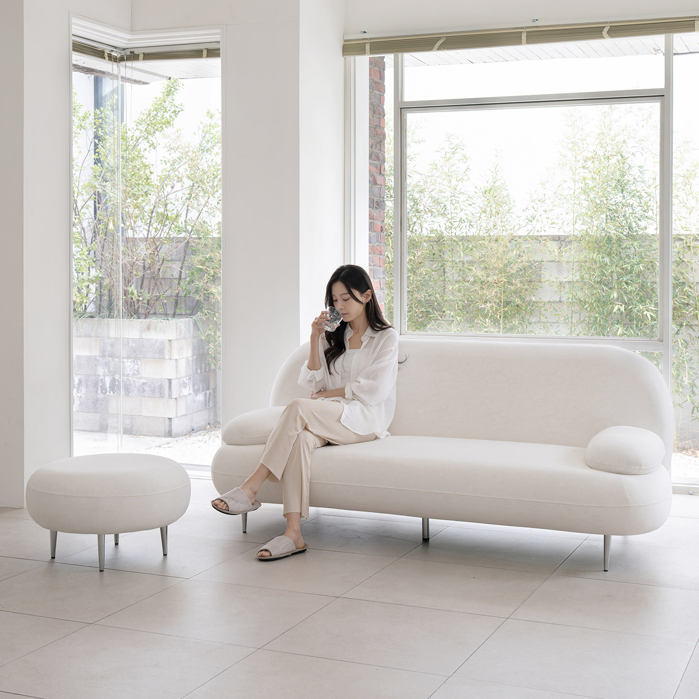 데일리리빙 까유 갤럭시 패브릭 소파 스툴미포함, 아이보리, 3인용