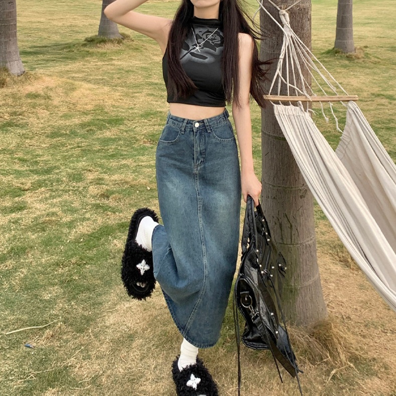 하이웨스트 뒷트임 빈티지 데님 롱 스커트 레트르 블루 XS 이미지 6