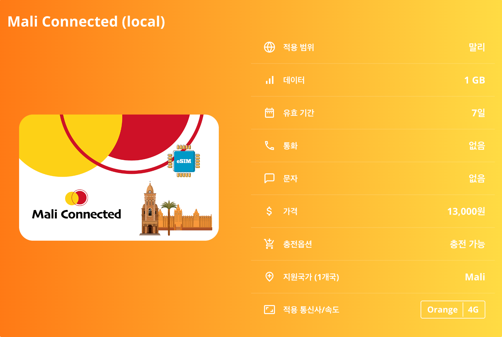 말리 로컬망 이심 eSIM Orange 바마코 팀북투 젠네 니제르강 독스하우스 절벽 이심통 - 상세 이미지 5