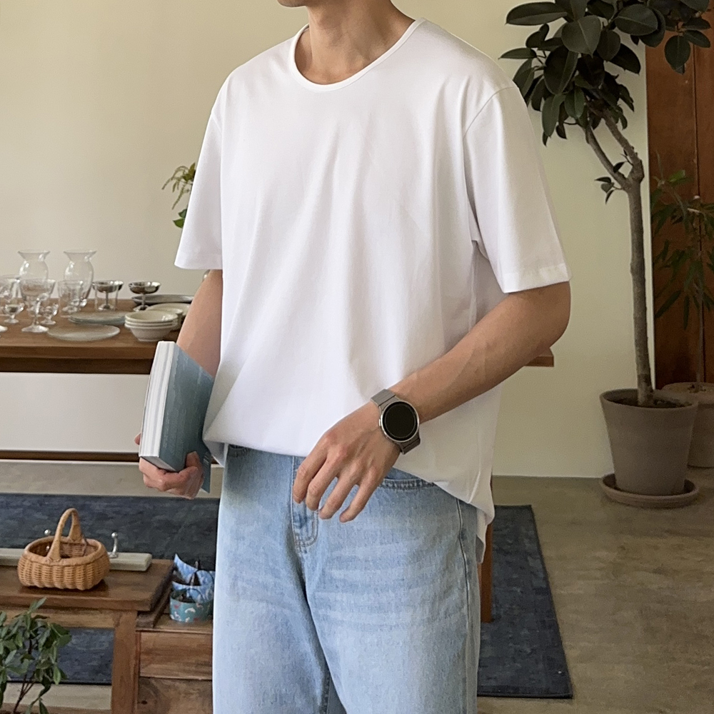 남자반팔티 오버핏 흰색 검정색 유넥 반팔 티셔츠 - 상세 이미지 2