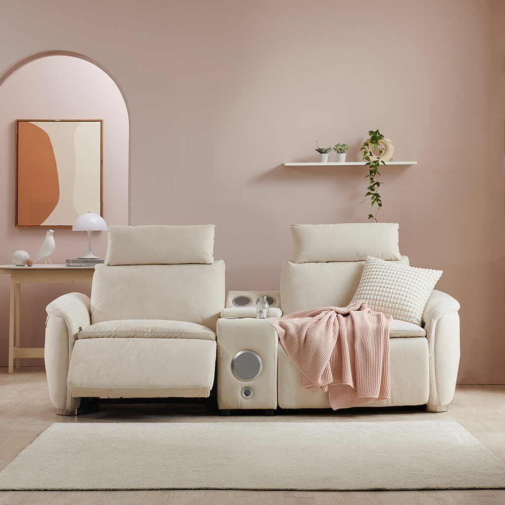 스코나 모렌 구스 세투스 아쿠아텍스 패브릭 전동 리클라이너 소파 스툴미포함, 크림베이지, 컵홀더 3인용