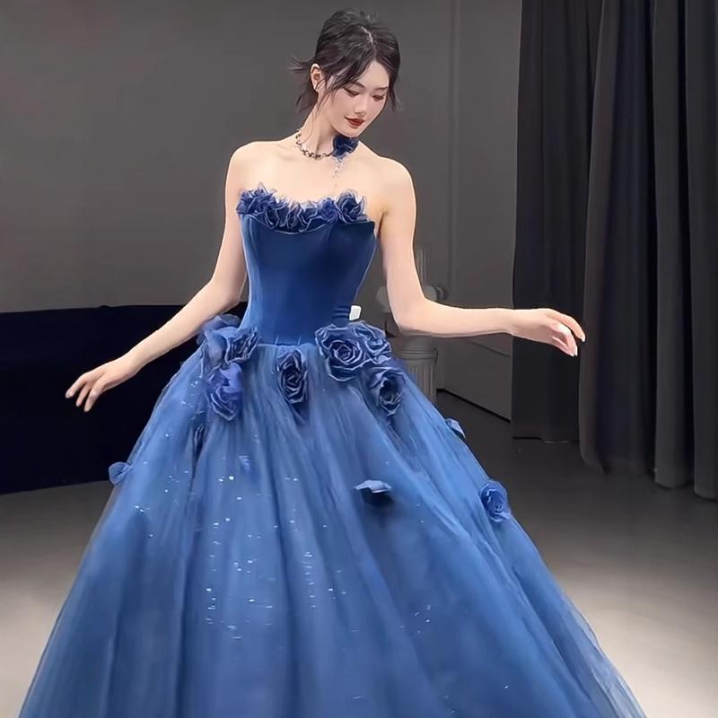 연주회 드레스 이브닝 브라이덜샤워 파티룩 블루 여성 꽃 빛 럭셔리 연회 무대 웨딩 촬영 - 상세 이미지 5
