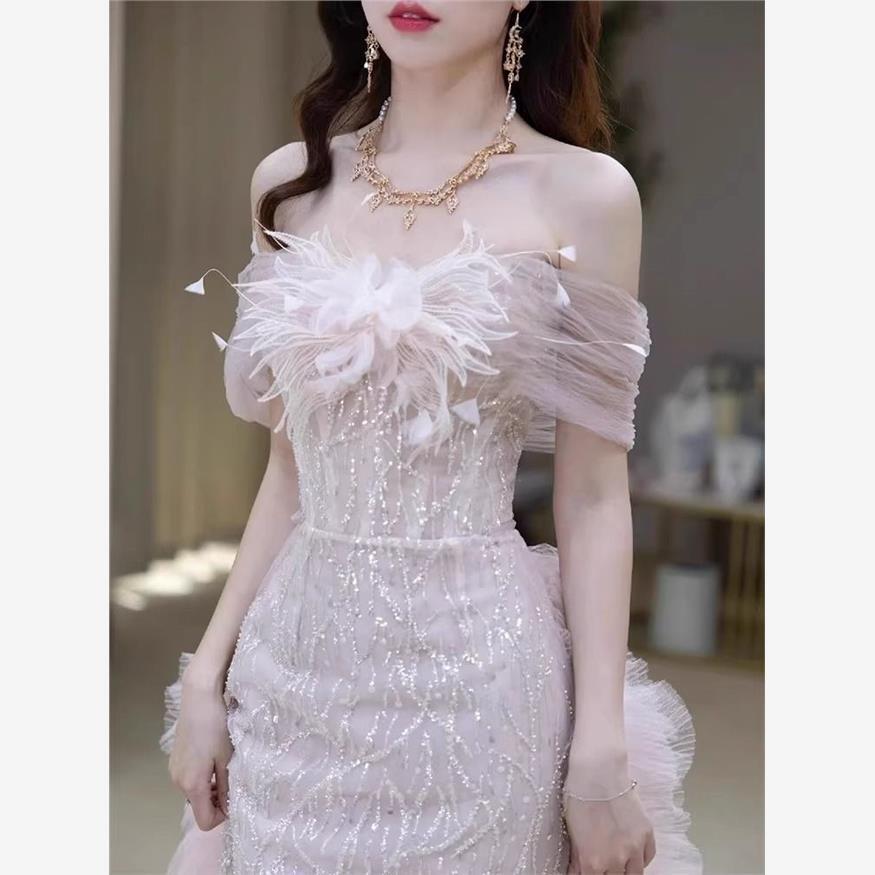 이브닝 드레스 연주회 브라이덜샤워 파티룩 토스트 신부 한 어깨 약혼 여성의 고 웨딩 촬영 - 상세 이미지 4