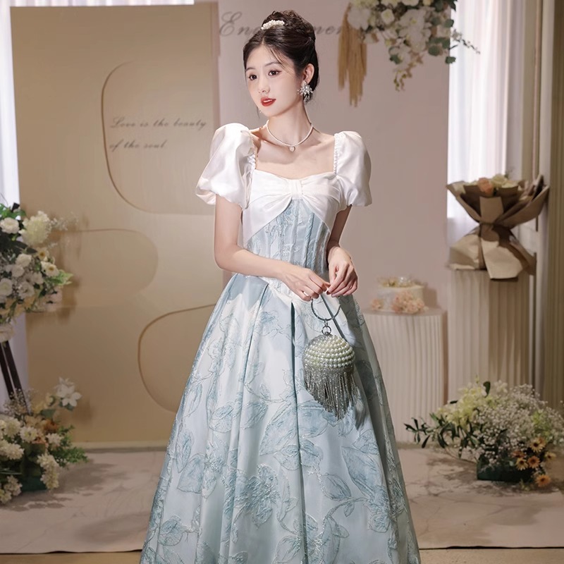 이브닝 드레스 연주회 브라이덜샤워 파티룩 연례 회의 블루 원 숄더 여성 유럽풍 웨딩 촬영 - 상세 이미지 2