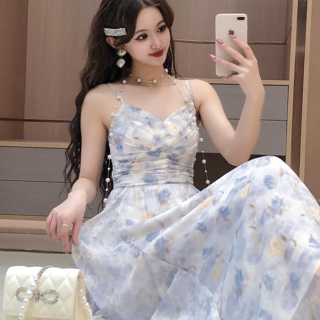 우아한 원피스 스타일의 유럽풍 불규칙 차 브레이크 꽃무늬 허리 슬리밍 노화 감소 하객룩 - 상세 이미지 5