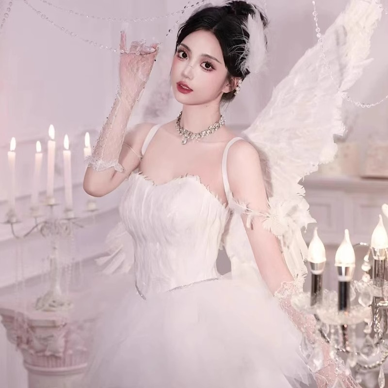 이브닝 드레스 연주회 브라이덜샤워 파티룩 화이트 하이 엔드 럭셔리 생일 공주 웨딩 촬영 - 상품 이미지