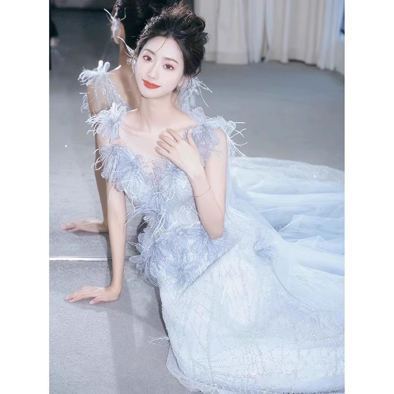 이브닝 드레스 연주회 브라이덜샤워 파티룩 블루 연회 아름다운 빛 럭셔리 무대 웨딩 촬영 - 상세 이미지 3