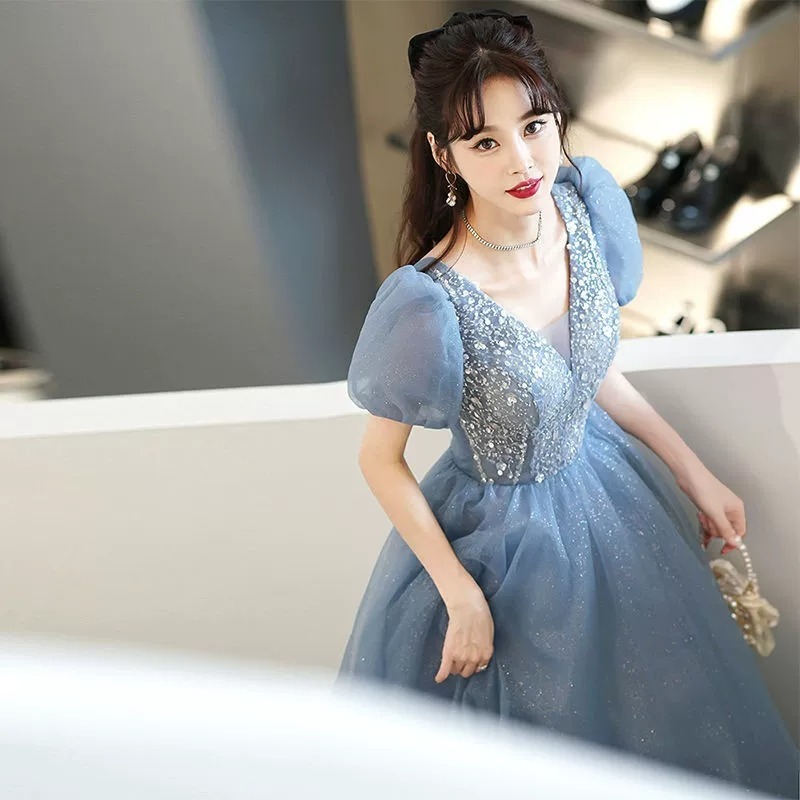 이브닝 드레스 연주회 브라이덜샤워 파티룩 블루 무대 공 생일 요정 스팽글 웨딩 촬영 - 상세 이미지 2