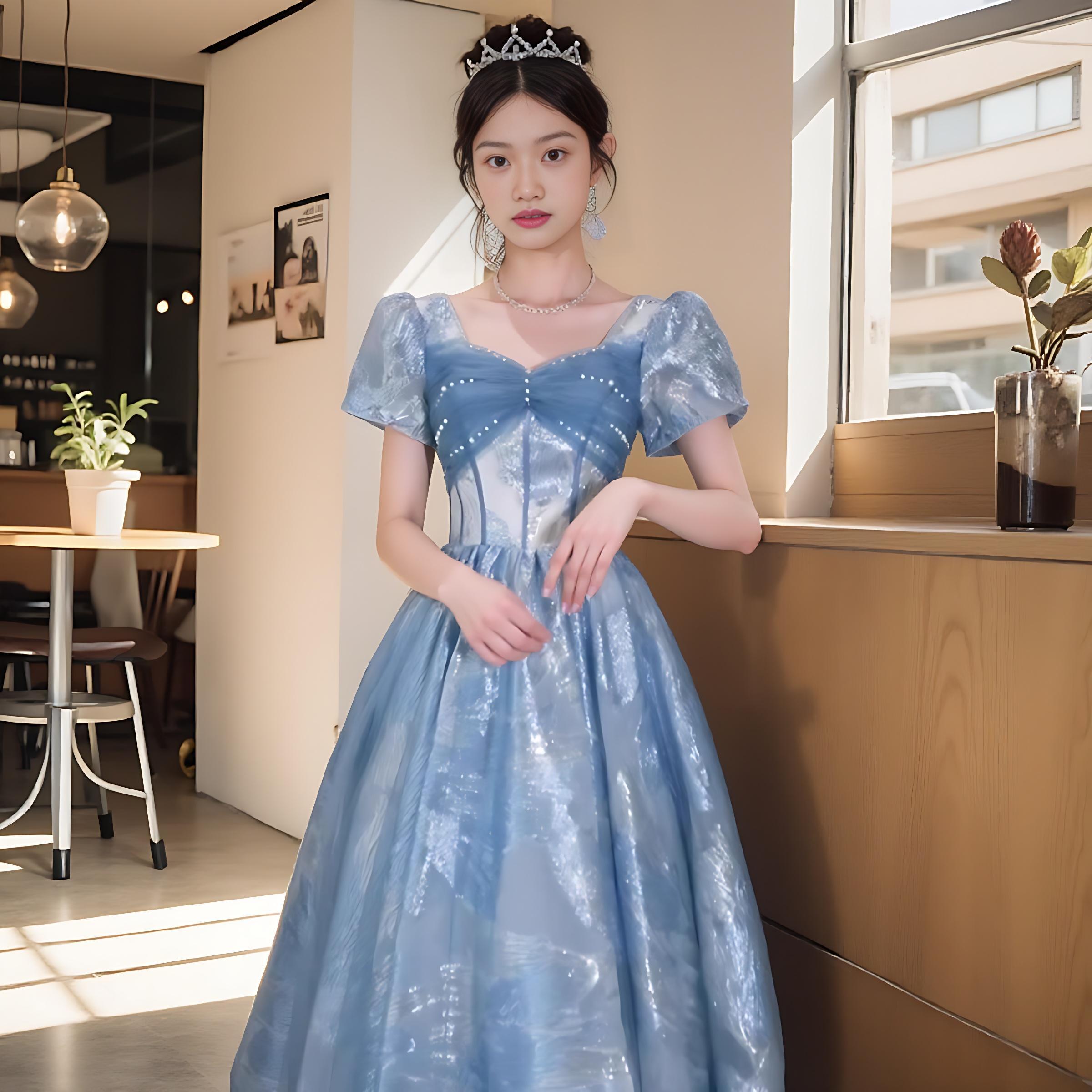 이브닝 드레스 연주회 브라이덜샤워 파티룩 블루 무대 공연 하이 엔드 생일 가벼 웨딩 촬영 - 상세 이미지 2