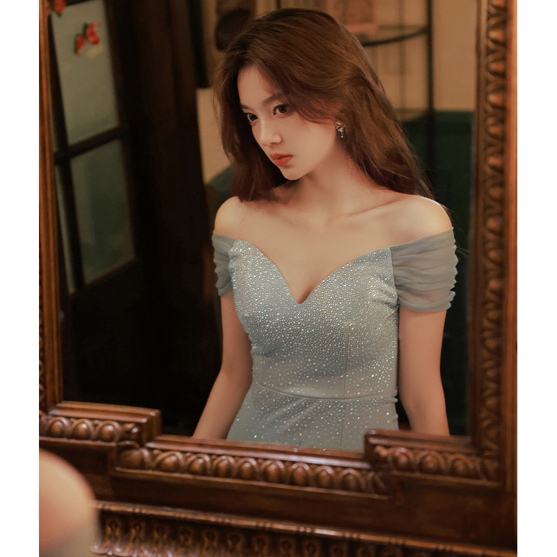 연주회 드레스 이브닝 브라이덜샤워 파티룩 여성 블루 하이 엔드 라이트 럭셔리 웨딩 촬영 - 상세 이미지 3