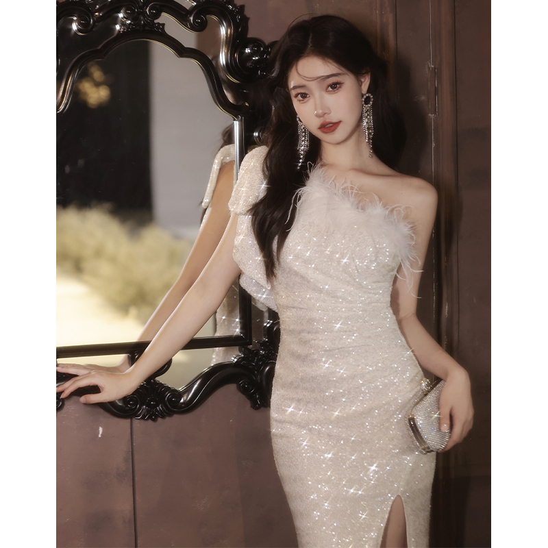 연주회 드레스 이브닝 브라이덜샤워 파티룩 여성 흰색 연례 회의 하이 엔드 무대 웨딩 촬영 - 상품 이미지