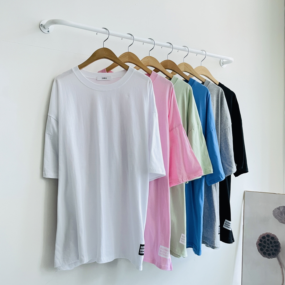 박스티 여성반팔티 무지 라벨 이너 레이어드 옆트임 반팔 티셔츠