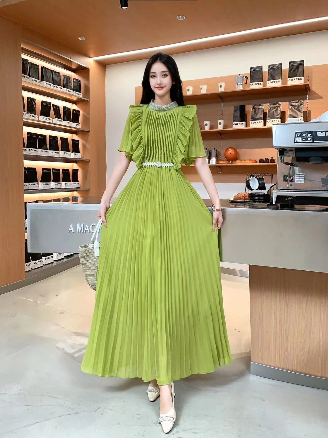 우아한 원피스 유럽풍 하이 엔드 디자인 플리츠 롱 스커트 허리 넓은 밑단 쉬폰 드 하객룩 - 상세 이미지 5