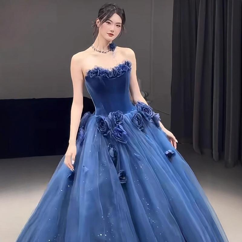 연주회 드레스 이브닝 브라이덜샤워 파티룩 블루 여성 꽃 빛 럭셔리 연회 무대 웨딩 촬영 - 상세 이미지 2