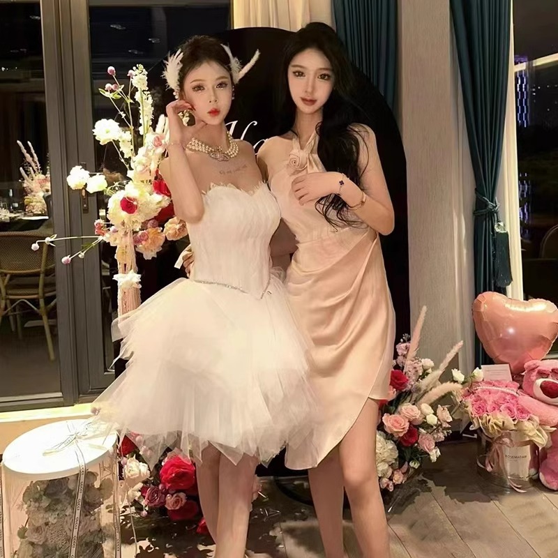 이브닝 드레스 연주회 브라이덜샤워 파티룩 화이트 하이 엔드 럭셔리 생일 공주 웨딩 촬영 - 상세 이미지 5