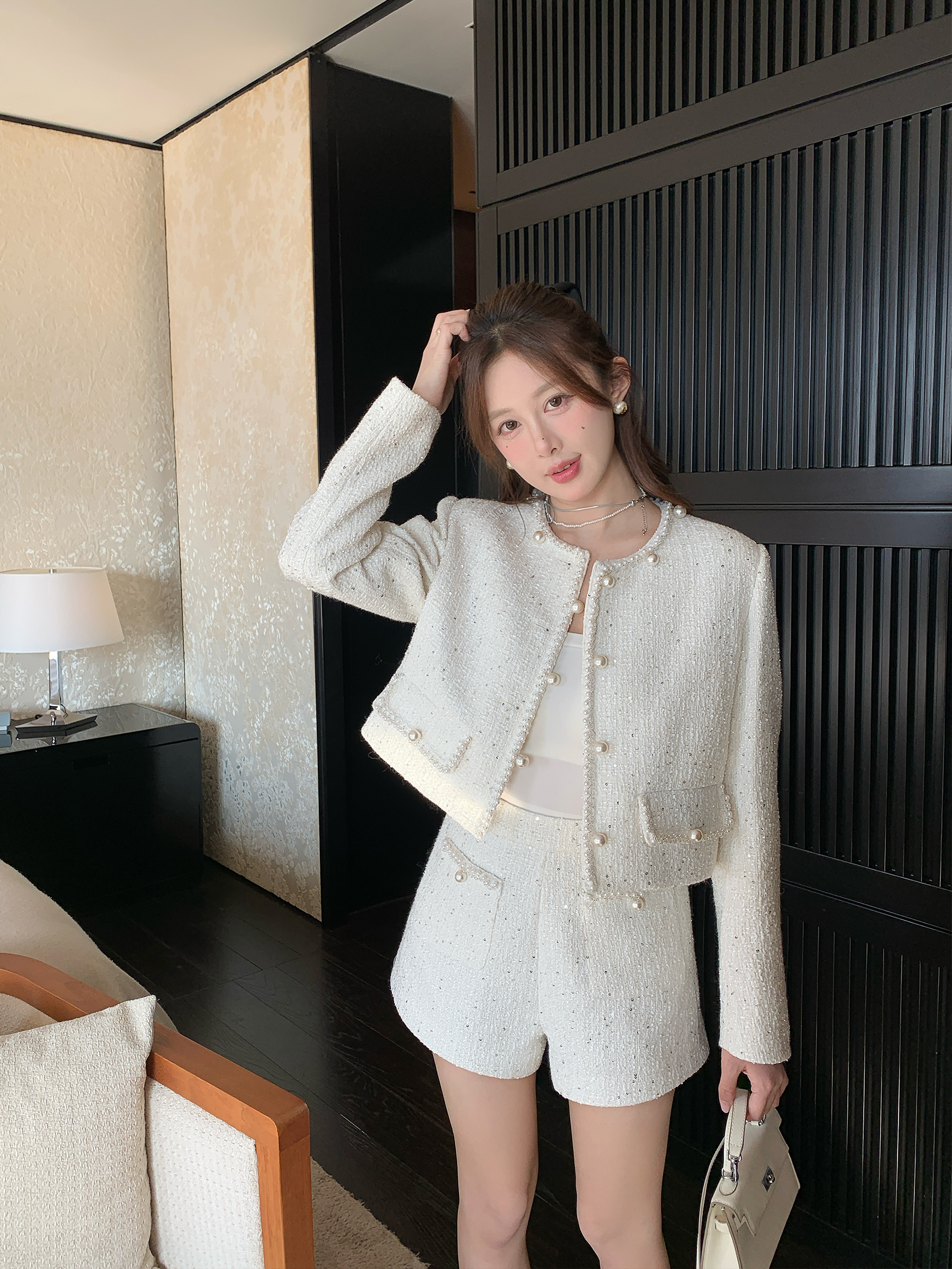 봄 가을 트위드 반바지 정장 세트 프랑스풍 하객룩 데이트룩 - 메인 이미지