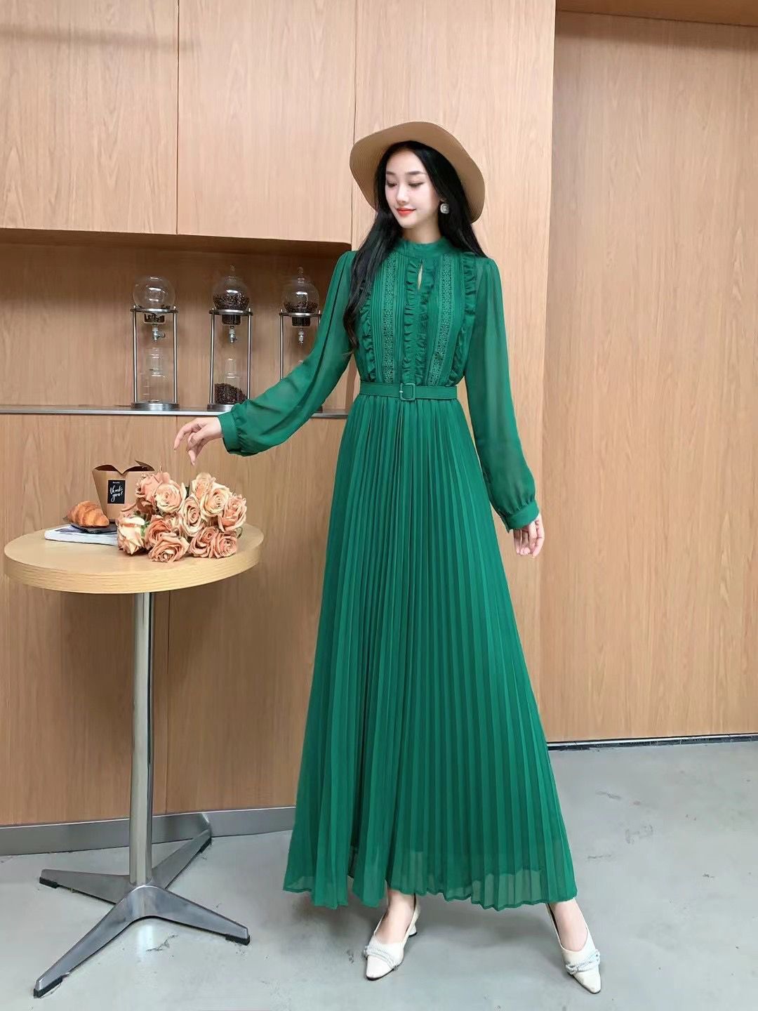 우아한 원피스 하이 엔드 긴팔 레이스 스티치 스탠드 업 칼라 허리 슬리밍 라인 플 하객룩 - 상세 이미지 3